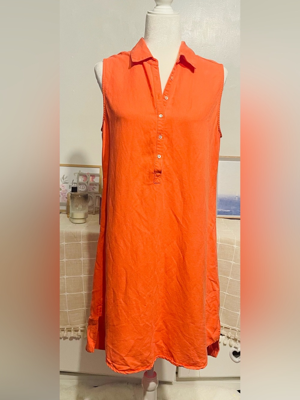 Sleeveless Collared Swim Cover-Up Dress in Orange size 10 58% linen - Picture 4 of 13